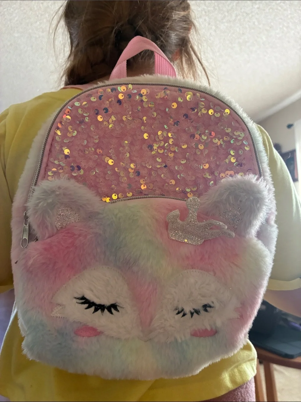 Kids Pink Multicolor Plush Sequin Fuzzy Rainbow Fox Backpack